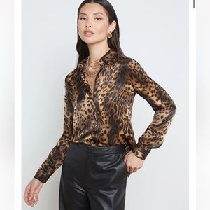 L’agence Tyler Silk Blouse Brown Multi Oil Leopard